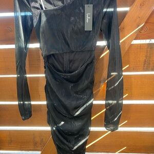 Lulu's NWT Black Long-Sleeve Sheer Ruched Midi Dress size S
